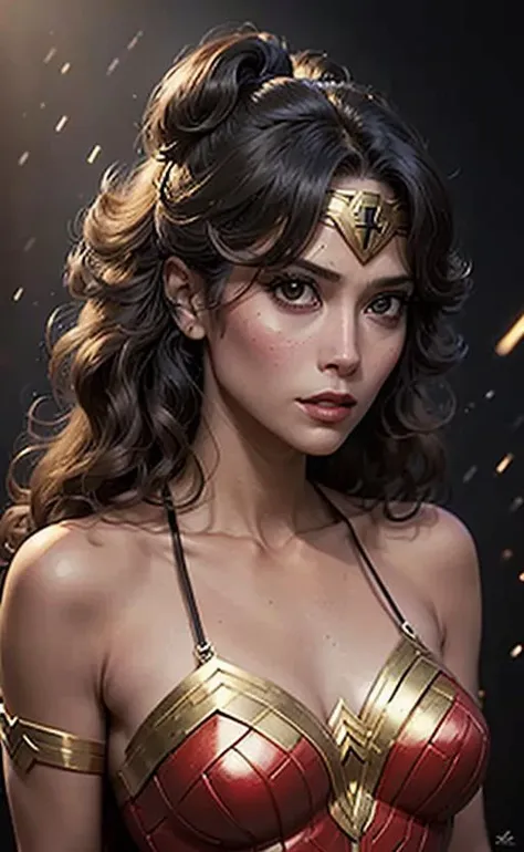 A ilustration of a greek goddes Wonder Woman, shot, centered, gold black color gel lighting, geometric shadows, glowing lights, symmetry, depth of field, intricate, elegant, highly detailed, digital painting, artstation, concept art, silver and white futuristic costume, smooth, sharp focus, illustration, as imagined by Greg Rutkowski and Borris vallejo. <lora:Judy Landers:0.6>