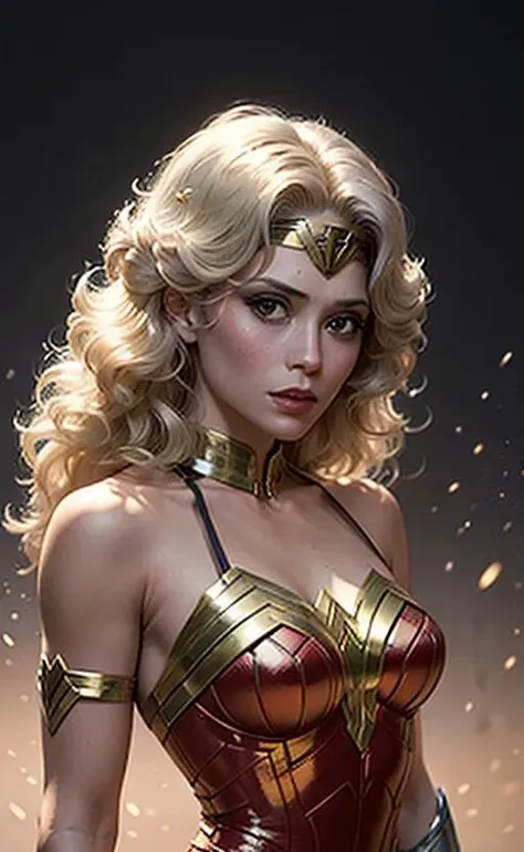 A ilustration of a greek goddes Wonder Woman, shot, centered, gold black color gel lighting, geometric shadows, glowing lights, symmetry, depth of field, intricate, elegant, highly detailed, digital painting, artstation, concept art, silver and white futuristic costume, smooth, sharp focus, illustration, as imagined by Greg Rutkowski and Borris vallejo. <lora:Judy Landers:0.6>