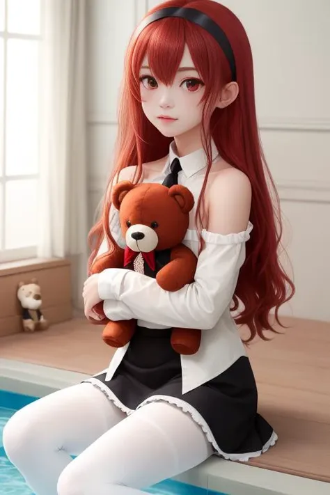 eris greyrat, 1girl, ahoge, bangs, bare shoulders, black footwear, black hairband, black skirt, closed mouth, frilled skirt, frills, hairband, long hair, long sleeves, looking at viewer, object hug, pantyhose, red eyes, red hair, shirt, sidelocks, simple background, skirt, solo, stuffed animal, stuffed toy, teddy bear, very long hair, whirl pool background, white pantyhose, white shirt, mushoku tensei <lora:erisMushokuTensei_v1:.9>