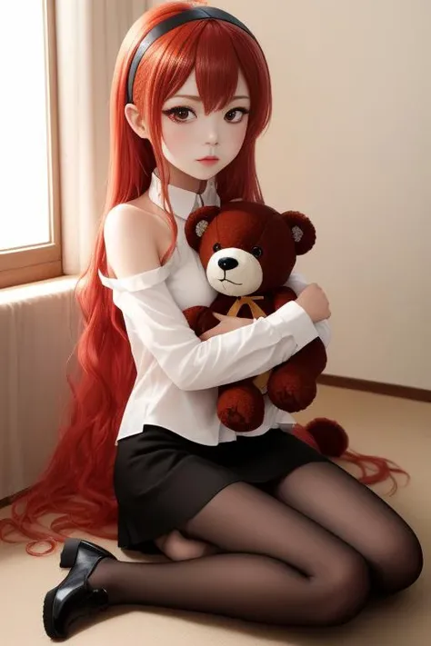 eris greyrat, 1girl, ahoge, bangs, bare shoulders, black footwear, black hairband, black skirt, closed mouth, frilled skirt, frills, hairband, long hair, long sleeves, looking at viewer, object hug, pantyhose, red eyes, red hair, shirt, sidelocks, simple background, skirt, solo, stuffed animal, stuffed toy, teddy bear, very long hair, whirl pool background, white pantyhose, white shirt, mushoku tensei <lora:erisMushokuTensei_v1:.9>