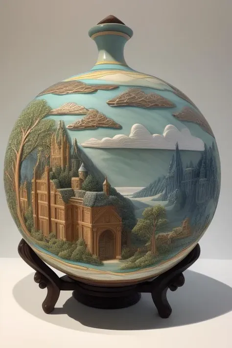 "The Midjourney Multiverse" highly detailed carving on "southern ice" porcelain, partially glazed, woodfired, art gallery