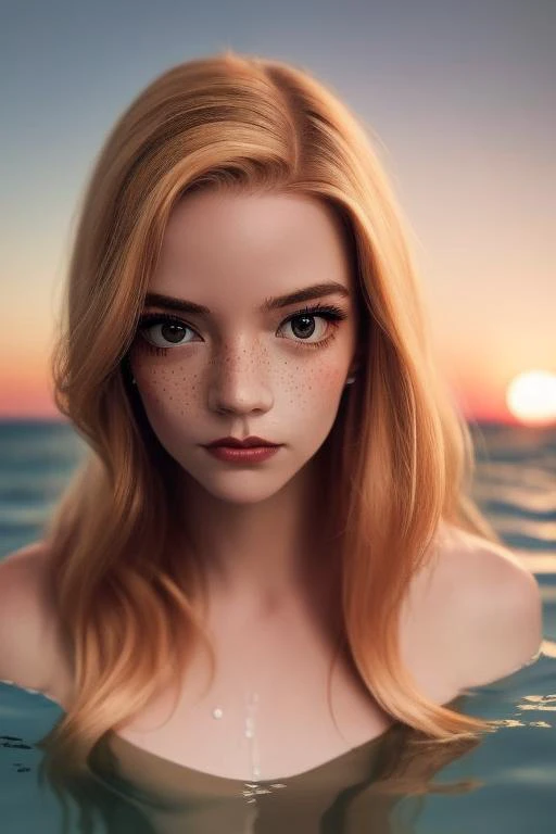 (sharp focus:1.2), photo, (a 18 year old girl), (beautiful detailed face:1.2), detailed eyes, inquisitive eyes, long ginger hair, (freckles), (beautiful skin), in the sea, ((inmersed in water up to her chin)), (wide angle), ((sunset)) , (looking at viewer), faint smile, clear water,<lora:anyaTaylorJoy_anyaTaylorJoy:1>