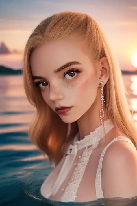(sharp focus:1.2), photo, (a 18 year old girl), (beautiful detailed face:1.2), detailed eyes, inquisitive eyes, long ginger hair, (freckles), (beautiful skin), in the sea, ((inmersed in water up to her chin)), (wide angle), ((sunset)) , (looking at viewer), faint smile, clear water,<lora:anyaTaylorJoy_anyaTaylorJoy:1>