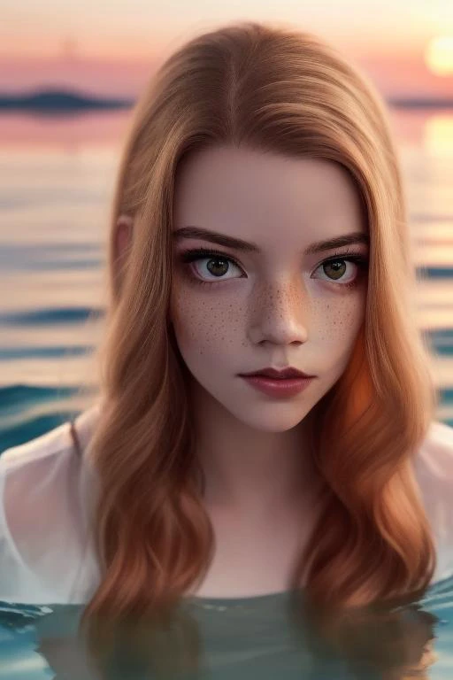 (sharp focus:1.2), photo, (a 18 year old girl), (beautiful detailed face:1.2), detailed eyes, inquisitive eyes, long ginger hair, (freckles), (beautiful skin), in the sea, ((inmersed in water up to her chin)), (wide angle), ((sunset)) , (looking at viewer), faint smile, clear water,<lora:anyaTaylorJoy_anyaTaylorJoy:1>