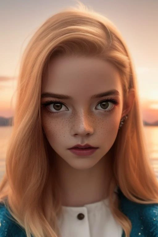 (sharp focus:1.2), photo, (a 18 year old girl), (beautiful detailed face:1.2), detailed eyes, inquisitive eyes, long ginger hair, (freckles), (beautiful skin), in the sea, ((inmersed in water up to her chin)), (wide angle), ((sunset)) , (looking at viewer), faint smile, clear water,<lora:anyaTaylorJoy_anyaTaylorJoy:1>