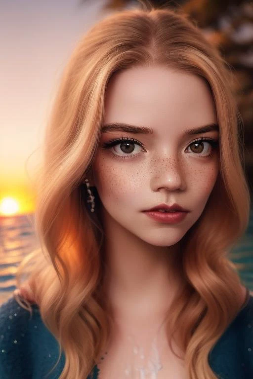 (sharp focus:1.2), photo, (a 18 year old girl), (beautiful detailed face:1.2), detailed eyes, inquisitive eyes, long ginger hair, (freckles), (beautiful skin), in the sea, ((inmersed in water up to her chin)), (wide angle), ((sunset)) , (looking at viewer), faint smile, clear water,<lora:anyaTaylorJoy_anyaTaylorJoy:1>