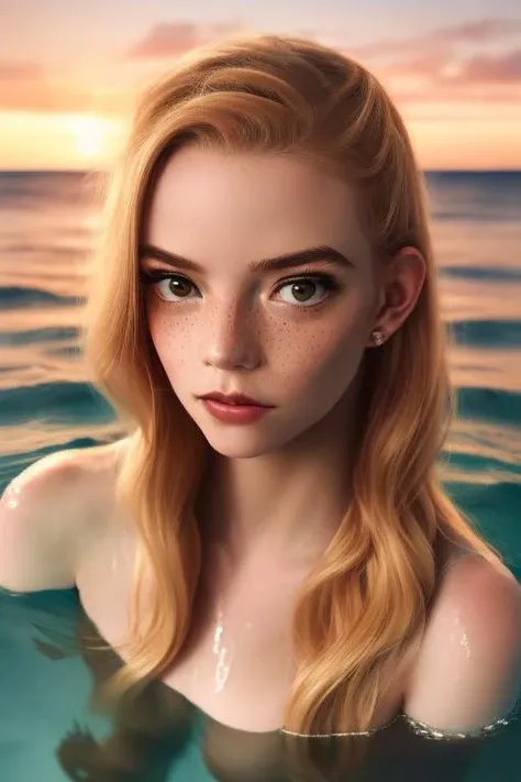 (sharp focus:1.2), photo, (a 18 year old girl), (beautiful detailed face:1.2), detailed eyes, inquisitive eyes, long ginger hair, (freckles), (beautiful skin), in the sea, ((inmersed in water up to her chin)), (wide angle), ((sunset)) , (looking at viewer), faint smile, clear water,<lora:anyaTaylorJoy_anyaTaylorJoy:1>