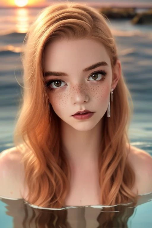 (sharp focus:1.2), photo, (a 18 year old girl), (beautiful detailed face:1.2), detailed eyes, inquisitive eyes, long ginger hair, (freckles), (beautiful skin), in the sea, ((inmersed in water up to her chin)), (wide angle), ((sunset)) , (looking at viewer), faint smile, clear water,<lora:anyaTaylorJoy_anyaTaylorJoy:1>