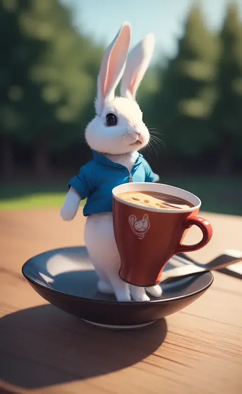 (A rabbit with a long and thin body, holding a teacup in his hand, the background is the forest, he is drinking the teacup happily, he is wearing blue and red clothes, black pants, and boots on his feet ) , adorable, adorable, whimsical, 3D vector art, cute and quirky, fantasy art, watercolor effect, bokeh, Adobe Illustrator, hand-drawn , digital painting, low-poly, low-light, panoramic view, isometric style , retro aesthetic , focus on character, 4K resolution, photorealistic rendering, using Cinema 4D
