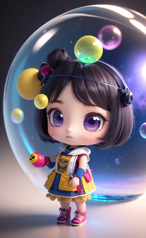 sophisticated mechanical parts,3 D toys bubble ,a white hairs girl in the center,chibi,kawaii,bauhaus,colorful,plastic,product design,glowing jelly,Global Illumination,awesome Lighting,3 D,digital art,close-up.3 d,super detailed,no boundary line,C4D,octane rendering,Blender,HD,full body,simple background