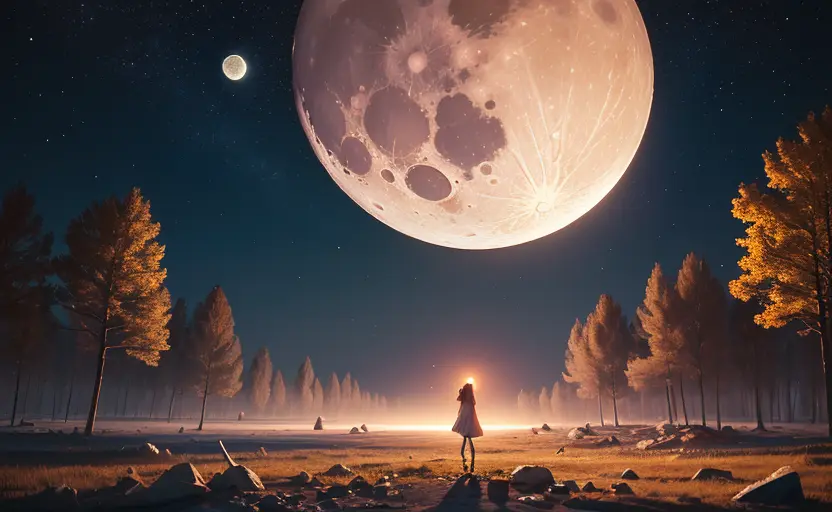 ((best quality)), ((masterpiece)), ((realistic)), ((beautiful female moon)), celestial body struck, comet impact, moon broken in half, surrounded by debris, fragmented, aurora dancing, spring evening, alien observer, sleek space suit, glimmering stars, forest mist below, on eye level, scenic, masterpiece