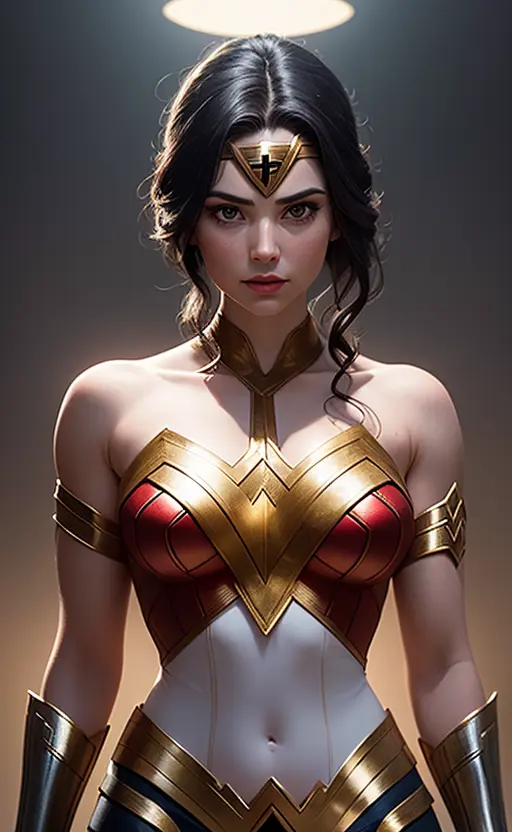 A ilustration of a greek goddes Wonder Woman, shot, centered, gold black color gel lighting, geometric shadows, glowing lights, symmetry, depth of field, intricate, elegant, highly detailed, digital painting, artstation, concept art, silver and white futuristic costume, smooth, sharp focus, illustration, as imagined by Greg Rutkowski and Borris vallejo.