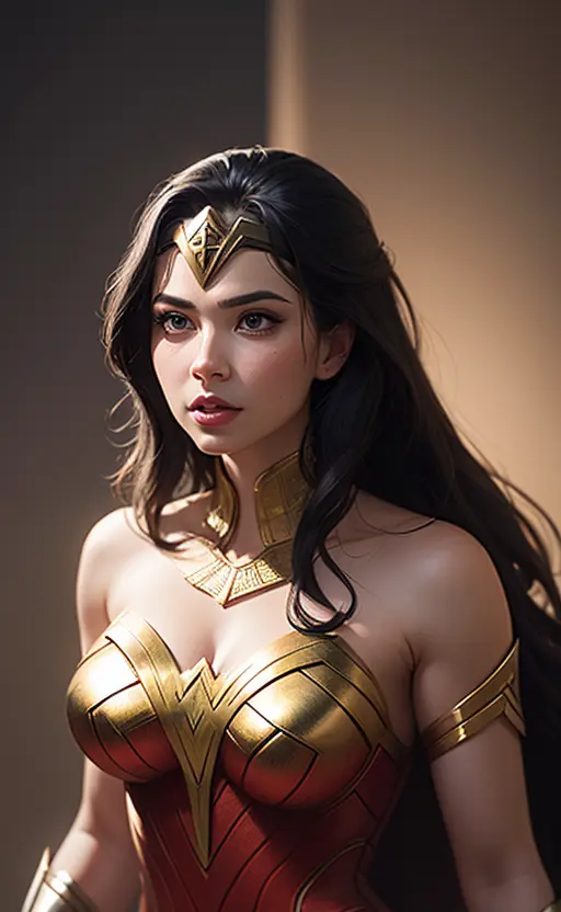 A ilustration of a greek goddes Wonder Woman, shot, centered, gold black color gel lighting, geometric shadows, glowing lights, symmetry, depth of field, intricate, elegant, highly detailed, digital painting, artstation, concept art, silver and white futuristic costume, smooth, sharp focus, illustration, as imagined by Greg Rutkowski and Borris vallejo.