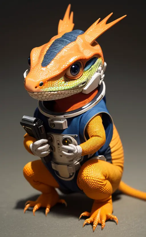 isometric view of a MINI cute hyperrealistic futuristic soldier lizard wearing an astronaut helmet. red skin. Cinematic, hyper detailed, brown GRADIENT background , highly detailed, zoomed out,