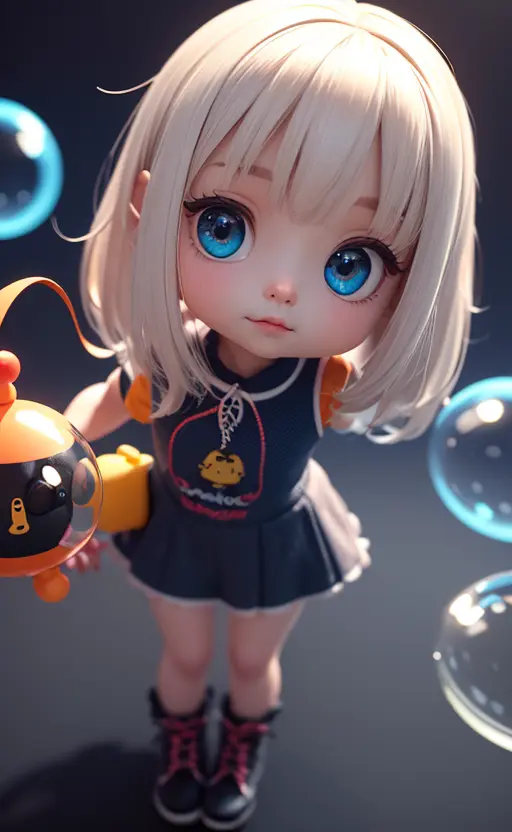 sophisticated mechanical parts,3 D toys bubble ,a white hairs girl in the center,chibi,kawaii,bauhaus,colorful,plastic,product design,glowing jelly,Global Illumination,awesome Lighting,3 D,digital art,close-up.3 d,super detailed,no boundary line,C4D,octane rendering,Blender,HD,full body,simple background