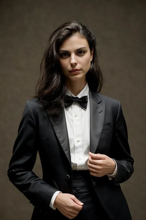 morena woman, wearing Tuxedo jacket and tailored trousers, epic character composition, sharp focus, natural lighting, subsurface scattering, f2, 35mm, film grain, , by Tim Walker, <lora:MorenaBaccarinDogu:1>