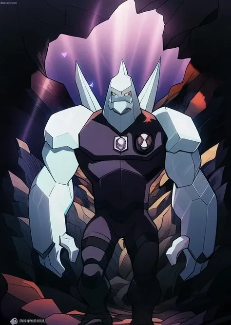 <lora:diamondhead-05:1> , diamondhead, detailed background, inside cave, dark cave, purple crystals, full body, mysterious purple glow, solo, rocky background, dark cave, masterpiece, best quality