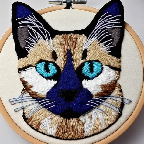 siamese cat with big blue eyes, embroidery by embarg