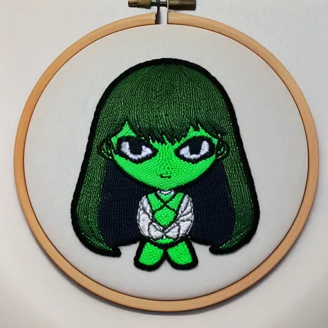 chibi ((alien)) girl symmetric icon, ((green skin)), embroidery by embarg