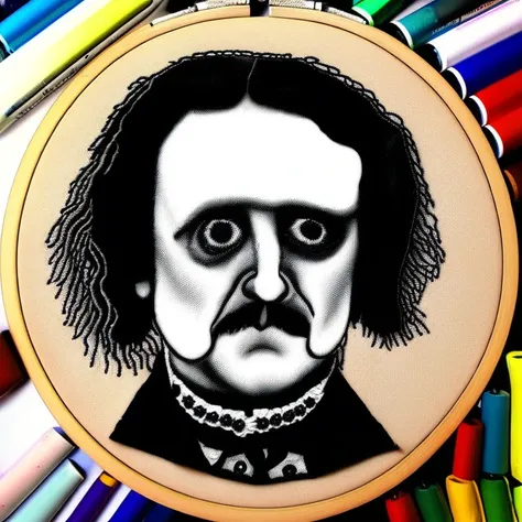 drawing of edgar alan poe, embroidery by embarg