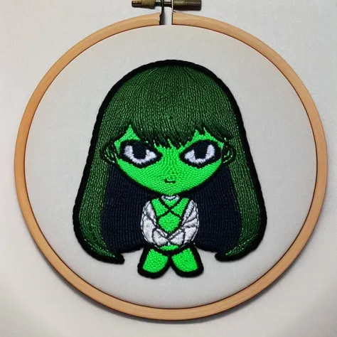 chibi ((alien)) girl symmetric icon, ((green skin)), embroidery by embarg