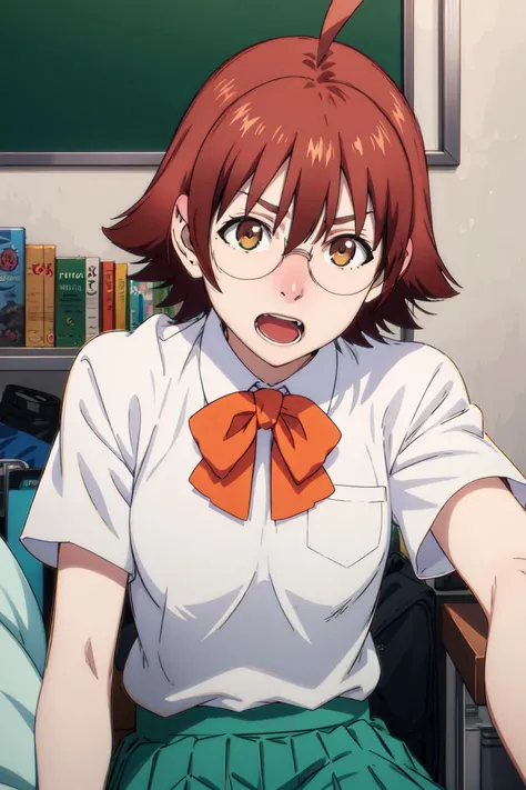 masterpiece, detailed, best quality, HD, UHD, best quality, highres,
mira_yoo, short hair, brown eyes, brown hair, 1girl, solo, skirt, shirt, bow, school uniform, white shirt, ahoge, short sleeves, pleated skirt, glasses, bowtie, green skirt, Lying on the side, pretending to laugh uncontrollably,
<lora:mira_yoo:0.85>