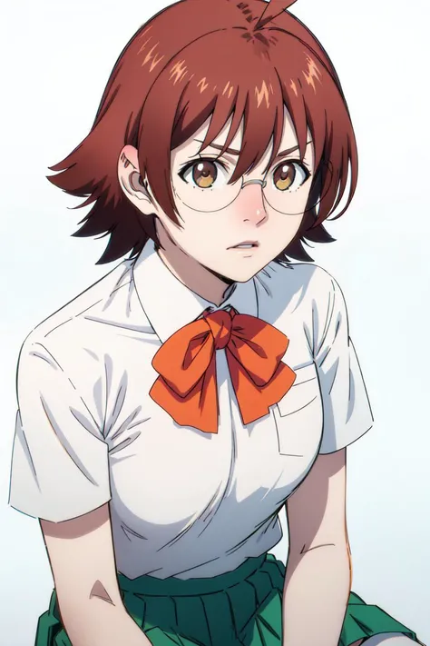 masterpiece, detailed, best quality, HD, UHD, best quality, highres, portrait, close-up, simple background,
mira_yoo, short hair, brown eyes, brown hair, 1girl, solo, skirt, shirt, bow, school uniform, white shirt, ahoge, short sleeves, pleated skirt, glasses, bowtie, green skirt, Sitting, pretending to tie an oversized bow,
<lora:mira_yoo:0.85>
