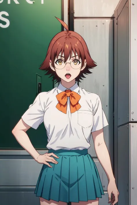 masterpiece, detailed, best quality, HD, UHD, best quality, highres,
mira_yoo, short hair, brown eyes, brown hair, 1girl, solo, skirt, shirt, bow, school uniform, white shirt, ahoge, short sleeves, pleated skirt, glasses, bowtie, green skirt, Standing, making a 'stuck out tongue' face,
<lora:mira_yoo:0.85>