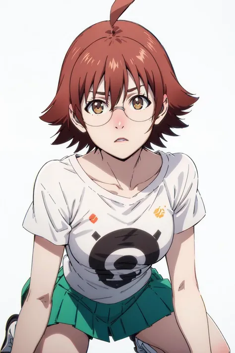 masterpiece, detailed, best quality, HD, UHD, best quality, highres, portrait, simple background,
mira_yoo, short hair, brown eyes, brown hair, 1girl, solo, white t-shirt, circle print, ahoge, short sleeves, glasses, green skirt, Kneeling and mimicking blowing kisses,
<lora:mira_yoo:0.85>