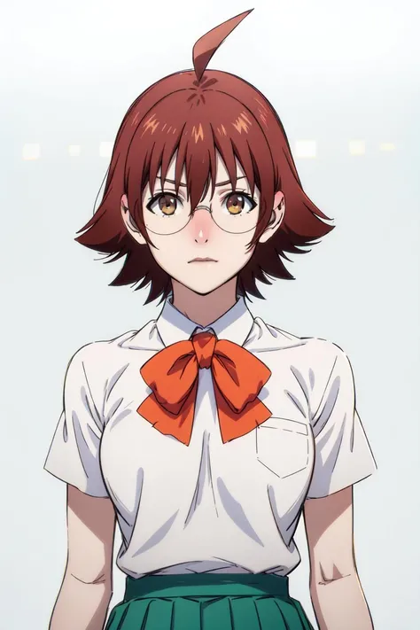 masterpiece, detailed, best quality, HD, UHD, best quality, highres, portrait, simple background,
mira_yoo, short hair, brown eyes, brown hair, 1girl, solo, skirt, shirt, bow, school uniform, white shirt, ahoge, short sleeves, pleated skirt, glasses, bowtie, green skirt, Posing as if listening to a seashell,
<lora:mira_yoo:0.85>