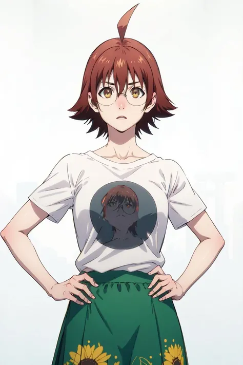 masterpiece, detailed, best quality, HD, UHD, best quality, highres, portrait, simple background,
mira_yoo, short hair, brown eyes, brown hair, 1girl, solo, white t-shirt, circle print, ahoge, short sleeves, glasses, green skirt, Standing with one hand on the hip,
<lora:mira_yoo:0.85>