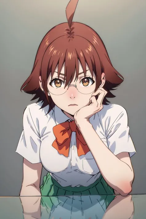 masterpiece, detailed, best quality, HD, UHD, best quality, highres, portrait, simple background,
mira_yoo, short hair, brown eyes, brown hair, 1girl, solo, skirt, shirt, bow, school uniform, white shirt, ahoge, short sleeves, pleated skirt, glasses, bowtie, green skirt, Lying with one hand under the chin,
<lora:mira_yoo:0.85>