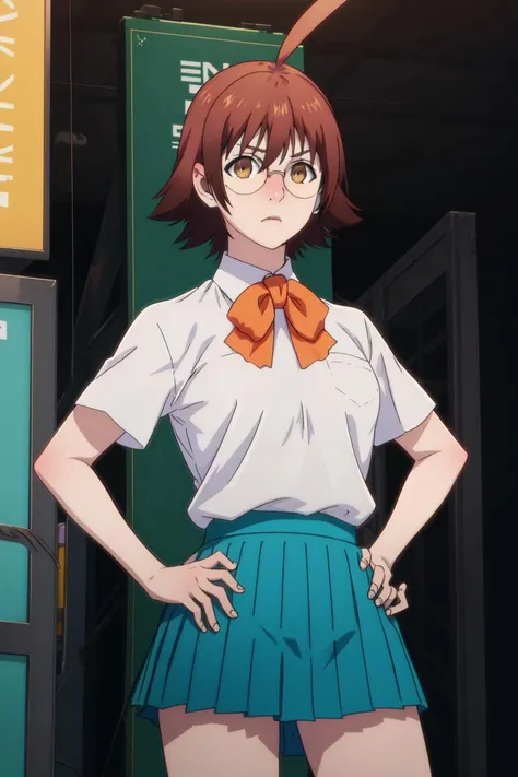 masterpiece, detailed, best quality, HD, UHD, best quality, highres,
mira_yoo, short hair, brown eyes, brown hair, 1girl, solo, skirt, shirt, bow, school uniform, white shirt, ahoge, short sleeves, pleated skirt, glasses, bowtie, green skirt, Standing with hands on hips,
<lora:mira_yoo:0.85>