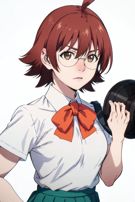 masterpiece, detailed, best quality, HD, UHD, best quality, highres, portrait, simple background,
mira_yoo, short hair, brown eyes, brown hair, 1girl, solo, skirt, shirt, bow, school uniform, white shirt, ahoge, short sleeves, pleated skirt, glasses, bowtie, green skirt, Pretending to lift a heavy weight,
<lora:mira_yoo:0.85>