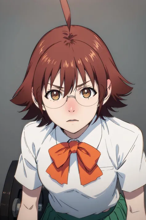 masterpiece, detailed, best quality, HD, UHD, best quality, highres, portrait, close-up, simple background,
mira_yoo, short hair, brown eyes, brown hair, 1girl, solo, skirt, shirt, bow, school uniform, white shirt, ahoge, short sleeves, pleated skirt, glasses, bowtie, green skirt, Pretending to lift a heavy weight,
<lora:mira_yoo:0.85>