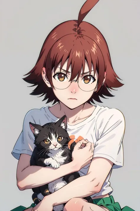 masterpiece, detailed, best quality, HD, UHD, best quality, highres, portrait, simple background,
mira_yoo, short hair, brown eyes, brown hair, 1girl, solo, white t-shirt, circle print, ahoge, short sleeves, glasses, green skirt, Sitting, pretending to hold a small kitten,
<lora:mira_yoo:0.85>