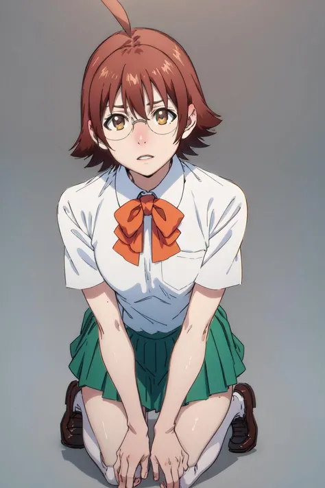 masterpiece, detailed, best quality, HD, UHD, best quality, highres, portrait, simple background,
mira_yoo, short hair, brown eyes, brown hair, 1girl, solo, skirt, shirt, bow, school uniform, white shirt, ahoge, short sleeves, pleated skirt, glasses, bowtie, green skirt, Kneeling with one hand reaching upwards,
<lora:mira_yoo:0.85>