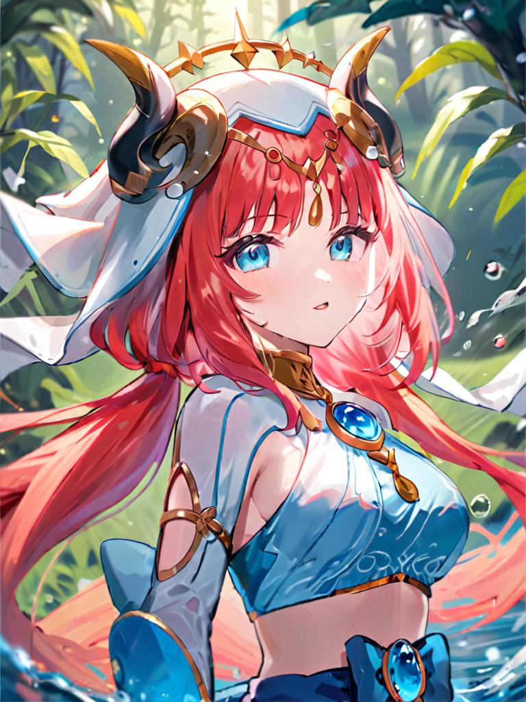 A woman with long red hair and horns in a blue dress - SeaArt AI