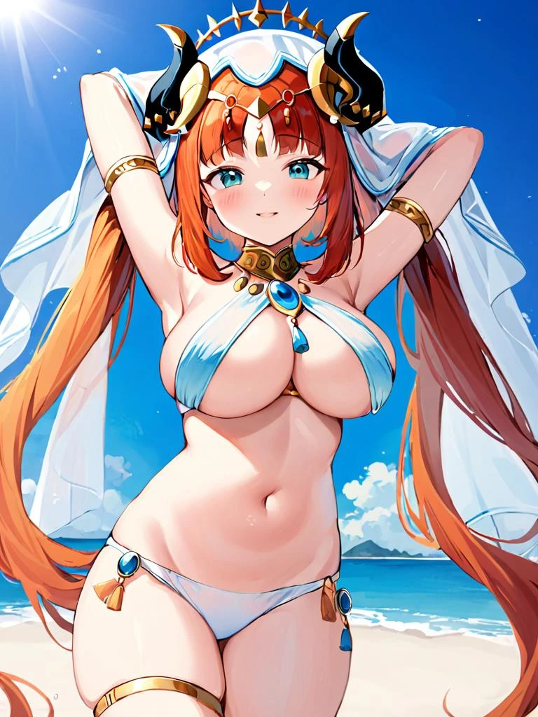 ultra-detailed,(best quality),((masterpiece)),(highres),original,extremely,<lora:nilou2x_xl:1>,nilou, 1girl, breasts, solo, horns, navel, arms up, looking at viewer, stomach, smile, veil, swimsuit, areola slip, bikini, patreon username, closed mouth, large breasts, white bikini, blush, water, brooch, cowboy shot, thighs, day, outdoors, armpits, very long hair, jewelry, neck ring, breasts apart, low twintails, circlet, aqua eyes, blue sky, beach