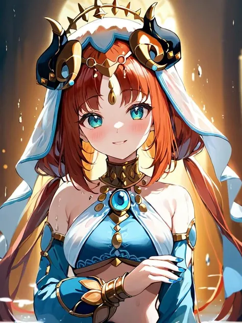 ultra-detailed,(best quality),((masterpiece)),(highres),original,extremely,<lora:nilou2x_xl-000008:1>,nilou,1girl,solo,smile,horns,veil,jewelry,long sleeves,upper body,neck ring,bracer,water,puffy long sleeves,brooch,blurry,closed mouth,crop top,blurry background,looking at viewer,blush,puffy sleeves,breasts,aqua eyes,harem outfit,gold trim,circlet,detached sleeves,bare shoulders,blue nails,wet,nail polish,low twintails,