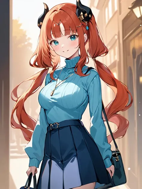 ultra-detailed,(best quality),((masterpiece)),(highres),original,extremely,<lora:nilou2x_xl:1>,nilou, 1girl, solo, skirt, smile, looking at viewer, long sleeves, alternate costume, breasts, hair ornament, contemporary, blush, bag, jewelry, turtleneck, blue skirt, closed mouth, sweater, handbag, casual, necklace, medium breasts, turtleneck sweater, aqua eyes, low twintails, shoulder bag, very long hair, shirt, sidelocks, hairclip, blue sweater, cowboy shot, high-waist skirt, horns