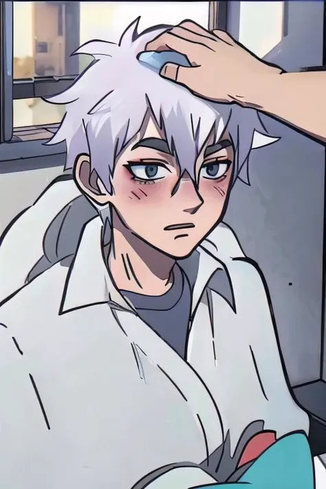 (1boy:1.3), <lora:LuGuang:0.8>, male, mature male, white hair, grey eyes, 
male focus, pov, hearts, sole male, (hetero:1.5), sleepy,
 blushing, flushed face, toned boy,  shy,
<lora:HeadpatPOVV2:1>, IncrsHeadpatPOV, headpat,  <lora:cozyblanket-nvwls-v1:1>, cozyblanket, 
photorealistic,High Resolution,8k,sharp focus,depth of field, ((masterpiece)),((best quality:1.2)), <lora:add_detail:0.5>,