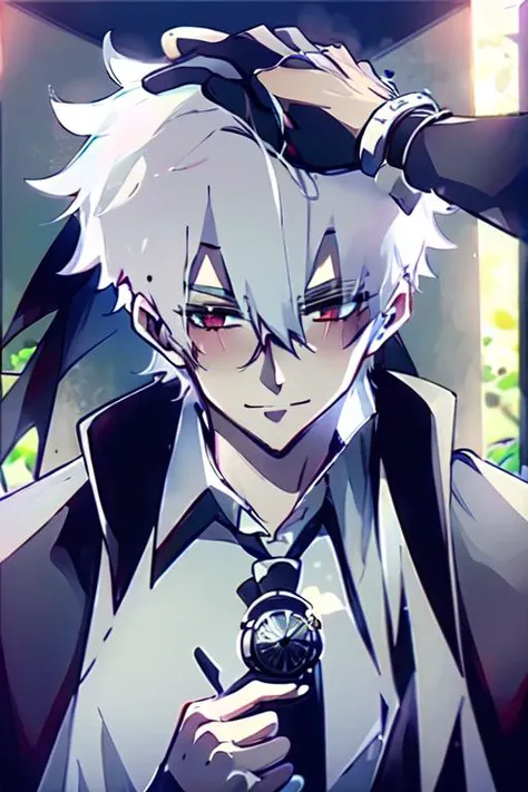 (1boy:1.3), <lora:LuGuang:0.8>, male, white hair, grey eyes, 
male focus,  sole male, 
suit, cape, fangs,  <lora:Vampires:1>, Vampires of Doom, sexy, solo,
<lora:HeadpatPOVV2:1>, IncrsHeadpatPOV, headpat, shy, blush, flushed face, looking at viewer, portrait, hearts, soft, cute, <lora:add_detail:-0.3>, pocket watch, smile, shy smile, warm, intimate, cosy, affectionate, embarrassed,