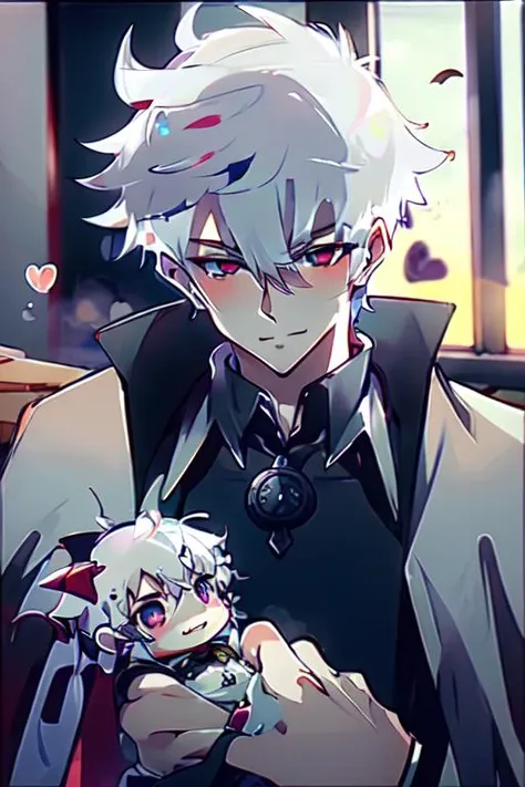 (1boy:1.3), <lora:LuGuang:0.8>, male, white hair, grey eyes,
male focus, sole male,
suit, cape, fangs, <lora:Vampires:1>, Vampires of Doom, sexy, solo,
<lora:HeadpatPOVV2:1>, IncrsHeadpatPOV, headpat, shy, blush, flushed face, looking at viewer, portrait, hearts, soft, cute, <lora:add_detail:-0.3>, pocket watch, smile, shy smile, warm, intimate, cosy, affectionate, embarrassed,