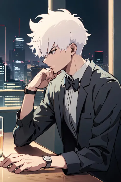 (masterpiece, best quality, ultra highres, simple details),HD 8k,rich details,minimalism,perfect lines,1boy,solo,short hair,white hair,wristwatch,depth_of_field,male focus,serious,upper_body,(close_mouth:1.1),furrowed_brow,<lora:LuGuang-000008:1:lbw=bbb>,tuxedo,city_lights,from_side,(chin_stroking:1.1),