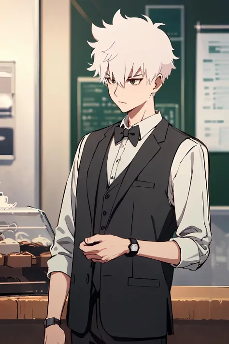 (masterpiece, best quality, ultra highres, simple details),HD 8k,rich details,minimalism,perfect lines,1boy,solo,short hair,white hair,wristwatch,depth_of_field,male focus,serious,(close_mouth:1.1),<lora:LuGuang-000008:1:lbw=bbb>,tuxedo,cowboy_shot,coffee shop,