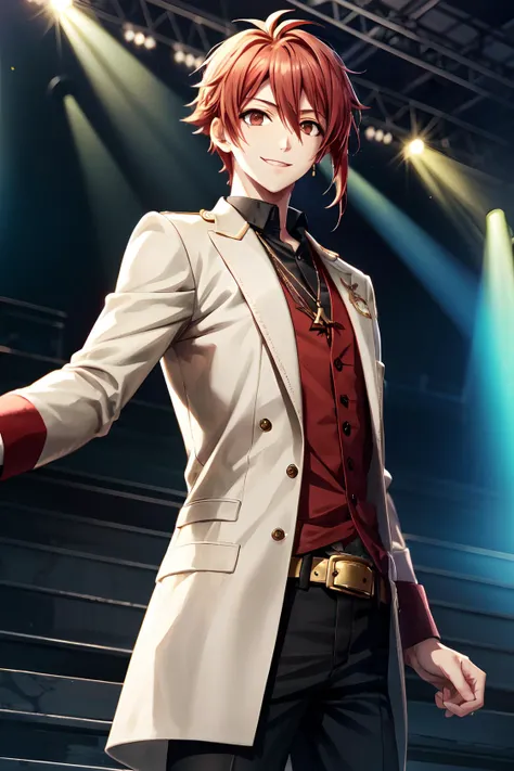 nanase riku\(idolish7\), solo, looking at viewer, smile, 1boy, hair between eyes, red hair, orange eyes, long sleeves, red shirt, male focus, white vest, stage, spotlight, stage lights, <lora:hipoly3DModelLora_v10:0.3:NF>