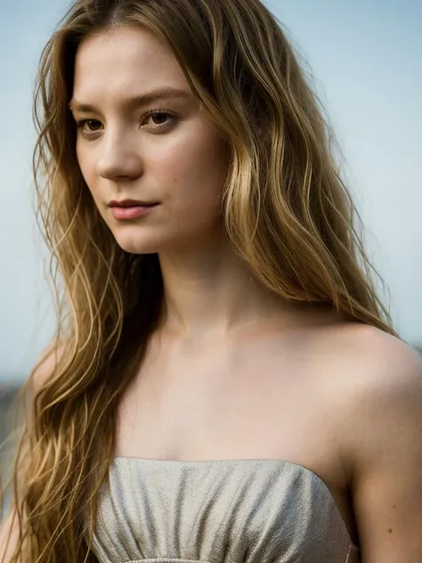 Realistic photo of a beautiful m14w4s woman,1girl, solo, long hair, looking at viewer, (((blonde hair))), dress, bare shoulders, brown eyes, upper body, lips, wavy hair, realistic, fine art parody, professional Photography, Photorealistic, detailed, RAW, analog, sharp focus, 8k, HD, DSLR, high quality, Fujifilm XT3, film grain, award winning, masterpiece<lora:m14w4s:1.0>