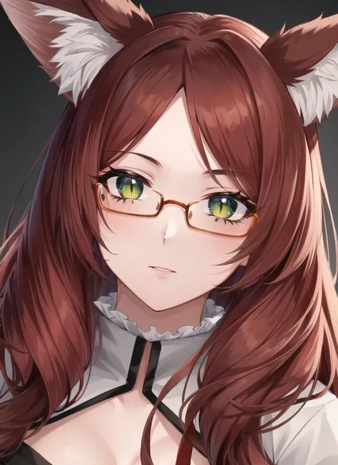 ((best quality)), ((highly detailed)), masterpiece, extremely detailed face, beautiful face, (detailed eyes, deep eyes), (1girl), full body, (glasses), fox girl, fox ears, fox tail, green eyes, <lora:slit-pupils:1>, snake eyes, (Blood red) hair