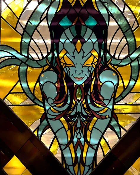 stained_glass, <lyco:stained_glass_v1>, masterpiece, 16k, UHD, HDR, the highest quality, Pewter Cyan Blue Bright Yellow, most excellent details, H. C. Giger, H. P. Lovecraft, (monster:1.1), torn cloth, fangs, moist, dressed, female humanoid, intimidating, eery, (ugly:1.1), rotten, decayed, tentacles, intestines, slime, covered body, rags